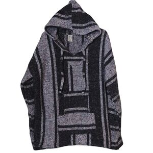 Vintage Black & Gray Hooded Baja Pancho Jacket W/Pocket Size XL